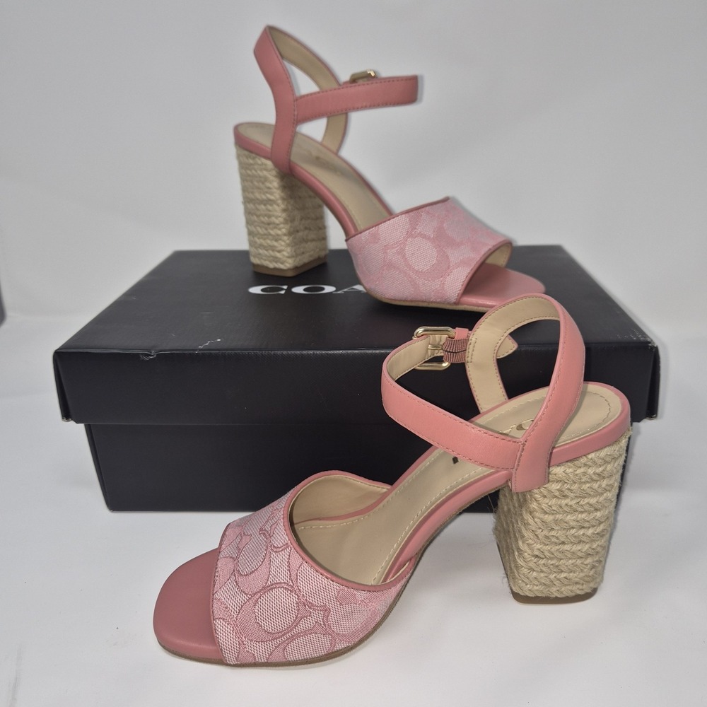 Coach Maddy Signature Sandals Pink Size 7.5 C8930 Jacquard Espadrille Heel